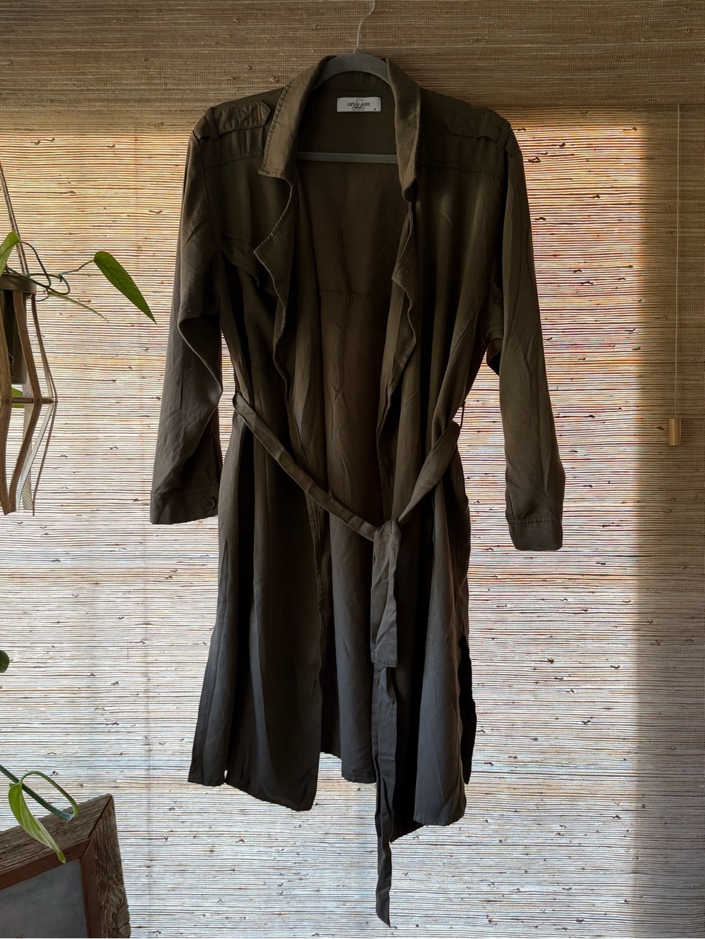 Carly Jean Los Angeles Olive Green Long Trench Coat with Tie Belt